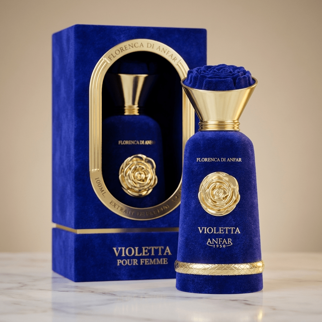 Perfume Violetta da Florenca Di Anfar em frasco de veludo azul, ao lado da caixa a jogo.