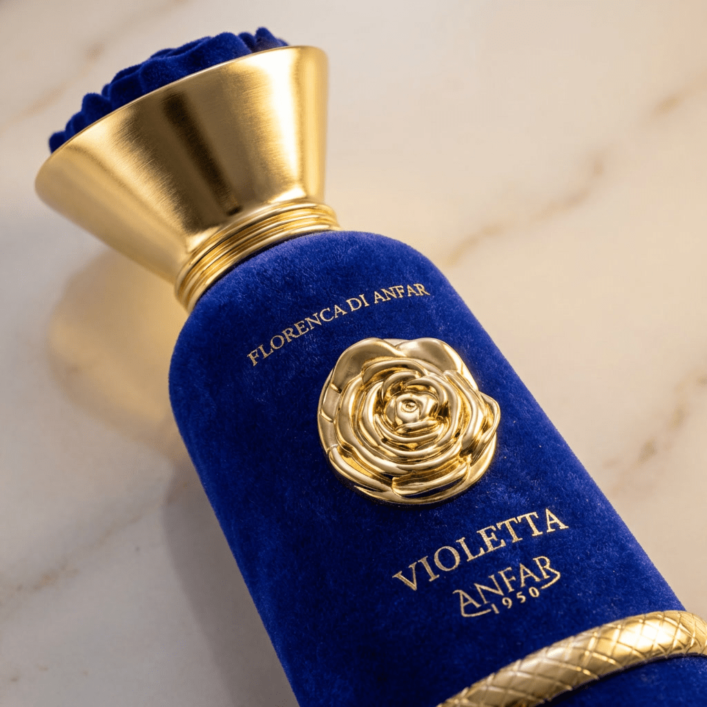 Perfume Violetta da Florenca Di Anfar em frasco de veludo azul royal, tampa dourada em formato de rosa.