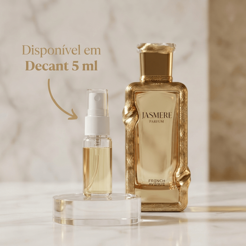 Frasco dourado do perfume Jasmère da French Avenue, com borda em relevo torcido, ao lado de um decant de 5ml.