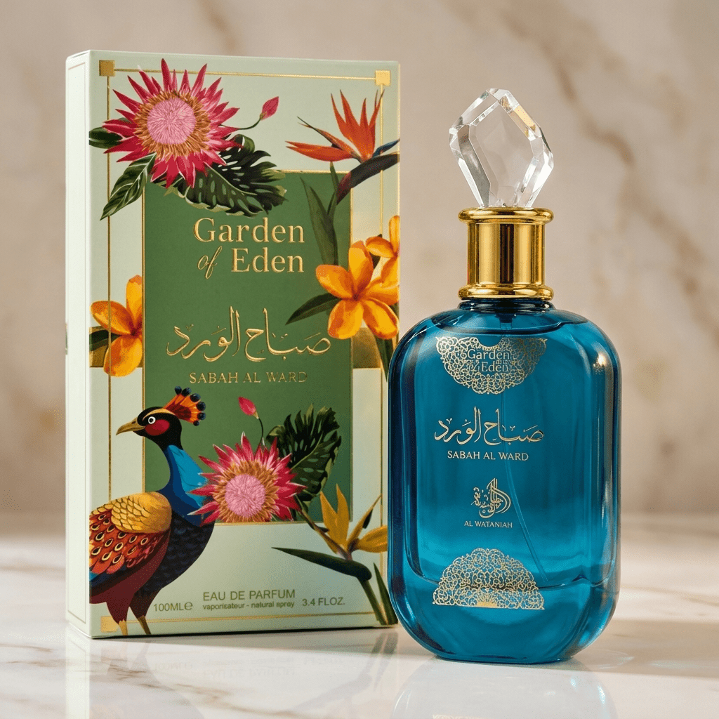 Perfume Sabah Al Ward Garden of Eden da Al Wataniah, frasco turquesa com tampa de cristal, ao lado da caixa floral.