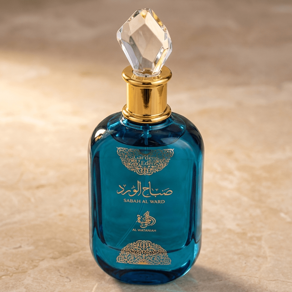 Detalhe do frasco turquesa do perfume Sabah Al Ward Garden of Eden da Al Wataniah, com tampa de cristal facetada.