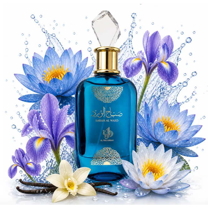 Perfume Sabah Al Ward Garden of Eden em frasco turquesa, cercado por flores de lótus azul, íris roxa e baunilha.