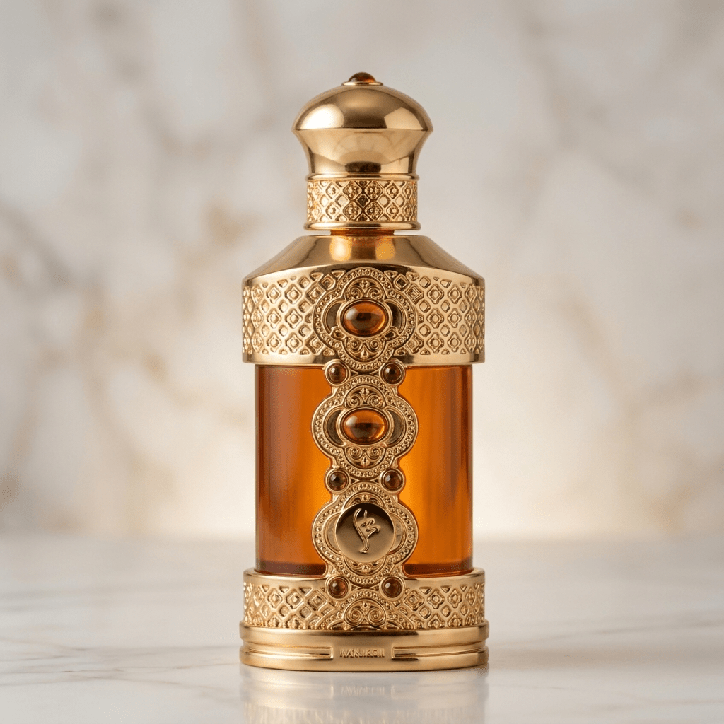 Óleo perfumado Gulnar em frasco dourado ornamentado, isolado sobre mármore.