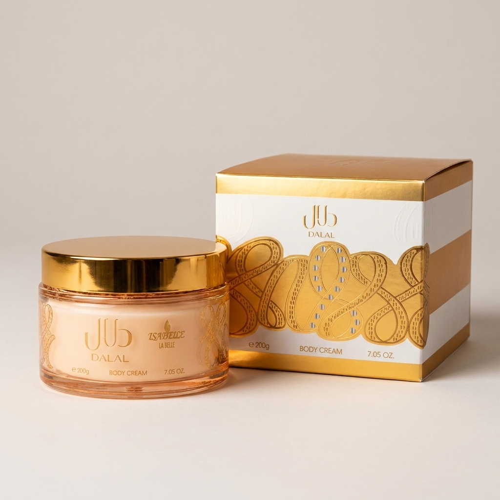 Pote do body cream Dalal da Isabelle La Belle ao lado da caixa dourada e branca com padrão ornamental.