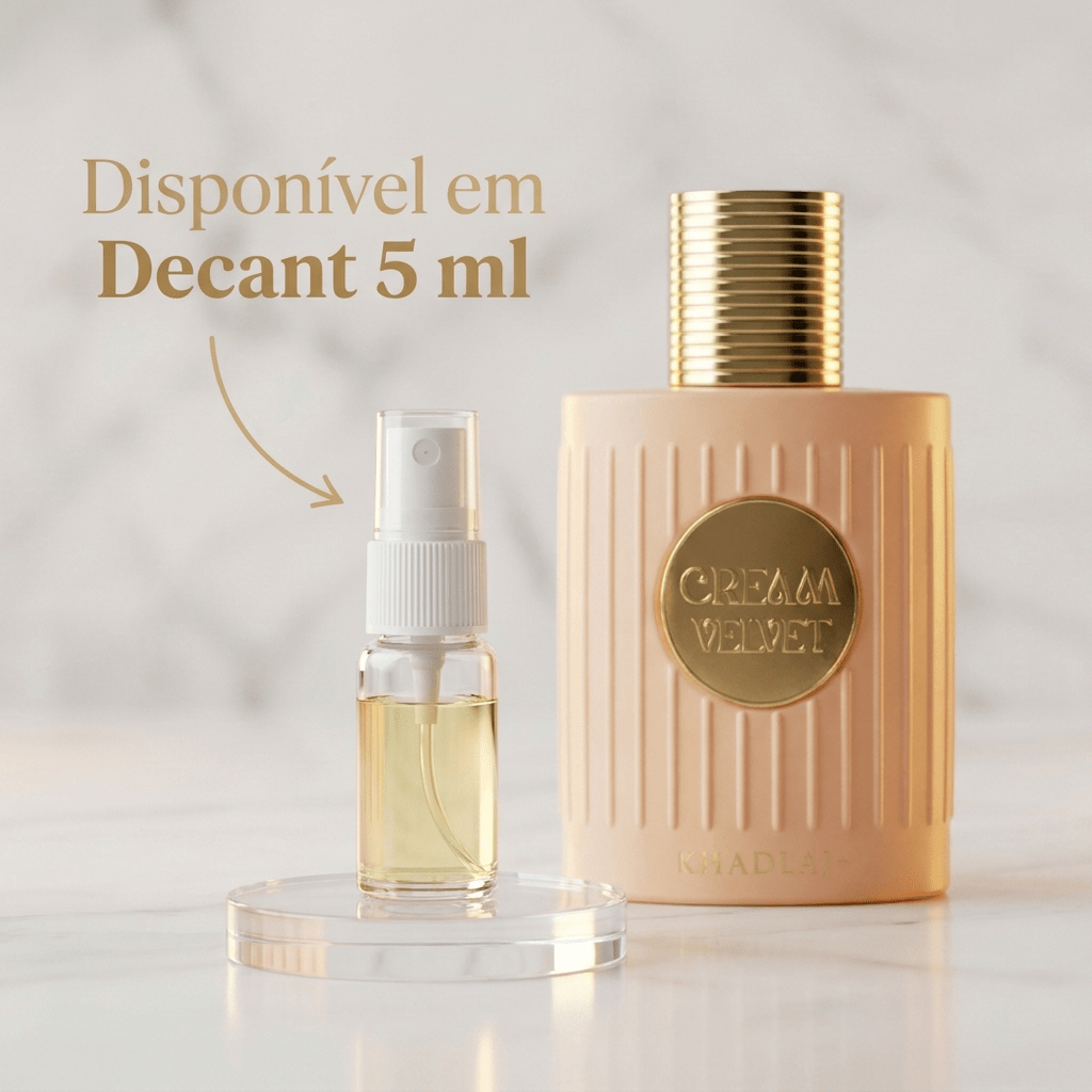 Decant de 5 ml do perfume Cream Velvet, frasco de amostra ao lado do frasco rosa canelado com tampa dourada.