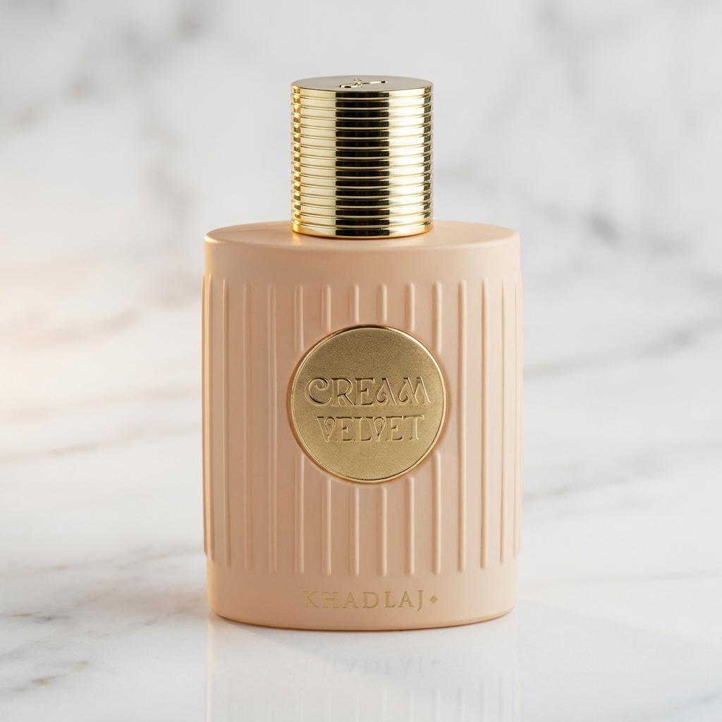 Perfume Cream Velvet, frasco rosa canelado com tampa dourada, sobre superfície de mármore.
