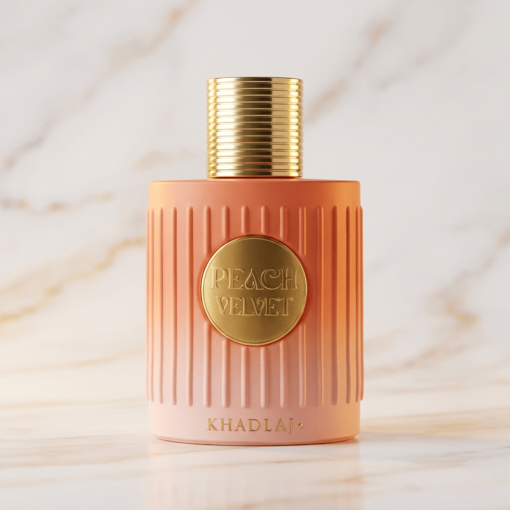 Perfume Peach Velvet, frasco coral canelado com tampa dourada, sobre superfície de mármore.
