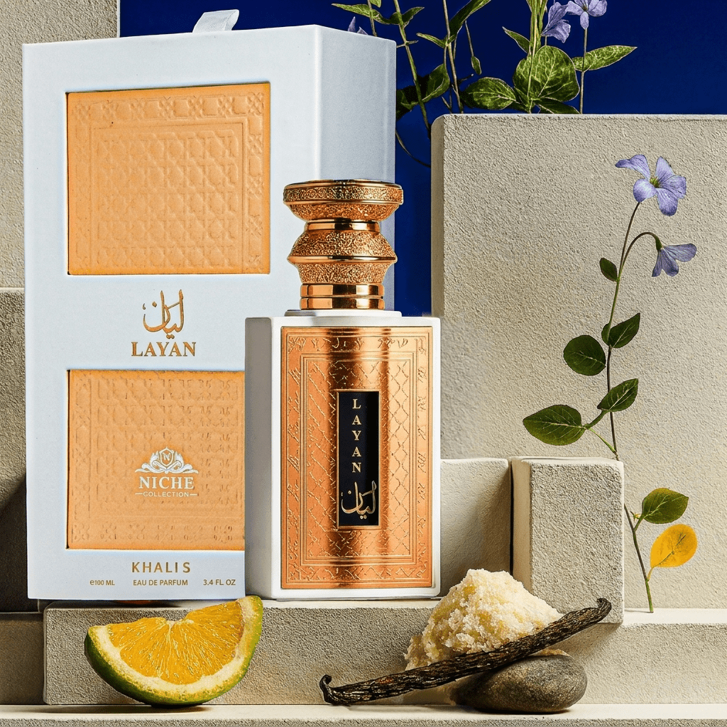 Perfume Layan Niche Collection da Khalis, frasco e caixa em tons de laranja e dourado, ao lado de fatia de laranja, baunilha e flores lilases sobre fundo de pedra.