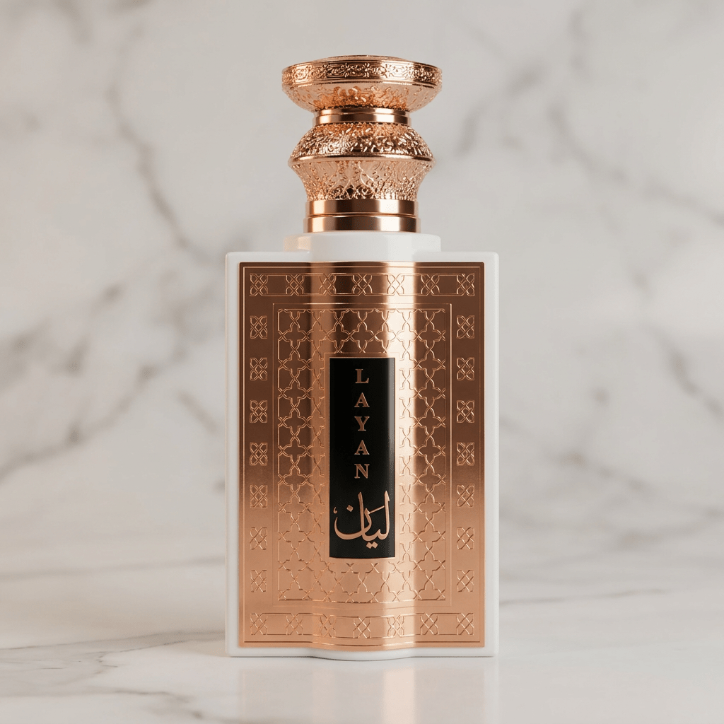 Frasco do perfume Layan Niche Collection da Khalis, em vidro branco com detalhes dourados, isolado sobre superfície de mármore claro.