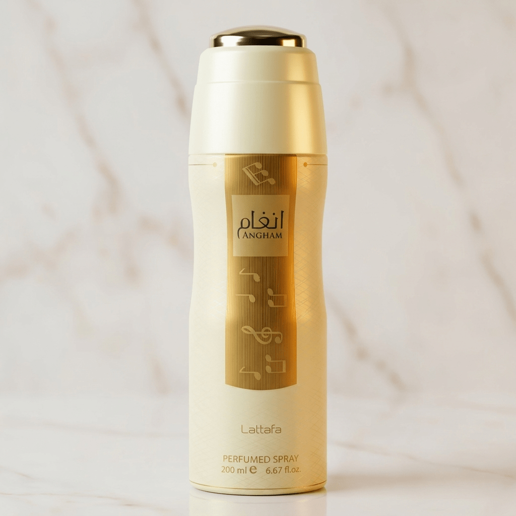 Vista completa do Body Spray Angham da Lattafa 200ml, frasco bege com tampa prateada sobre mármore claro.