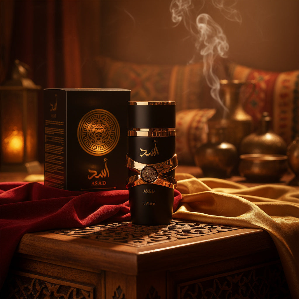 Perfume Lattafa Asad Negro EDP 100ml em frasco preto com detalhes dourados, ao lado da caixa, sobre fundo luxuoso com tecidos árabes, iluminação quente e fumaça de incenso.