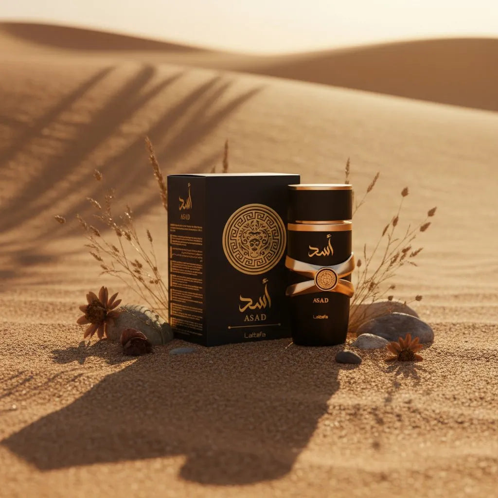 Frasco preto e dourado do Lattafa Asad com caixa no deserto árabe