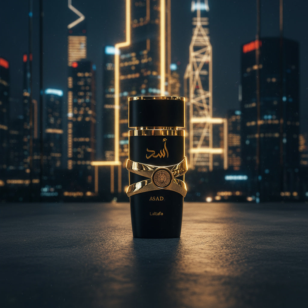 Perfume árabe Lattafa Asad Negro com cidade iluminada ao fundo