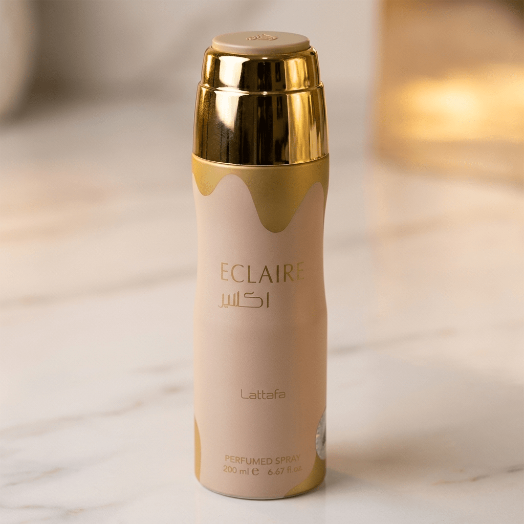 Body Spray Eclaire da Lattafa 200ml, frasco bege com tampa dourada.