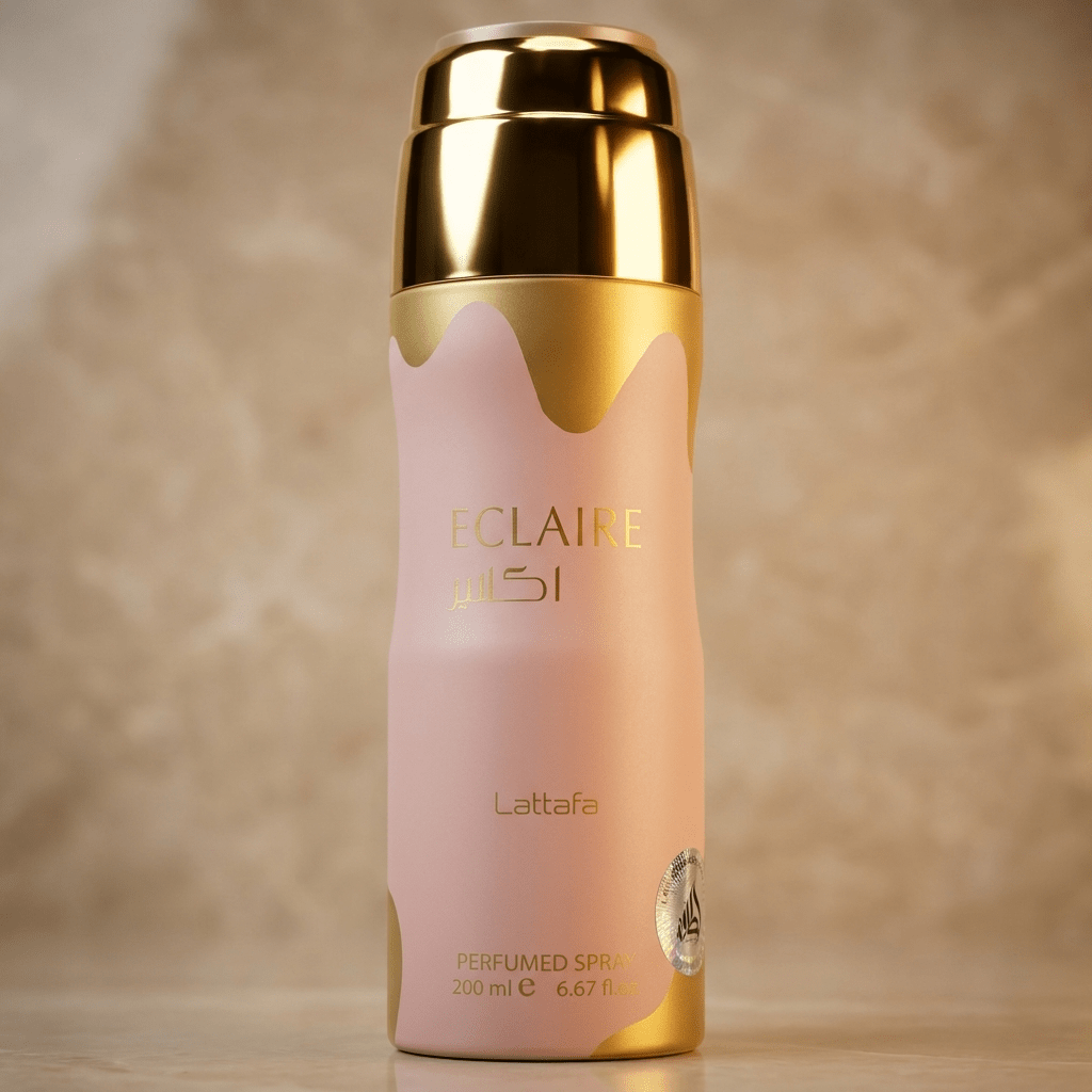 Body Spray Eclaire da Lattafa 200ml, frasco rosa com tampa dourada.