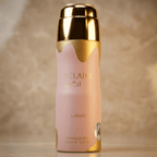Body Spray Eclaire da Lattafa 200ml, frasco rosa com tampa dourada.