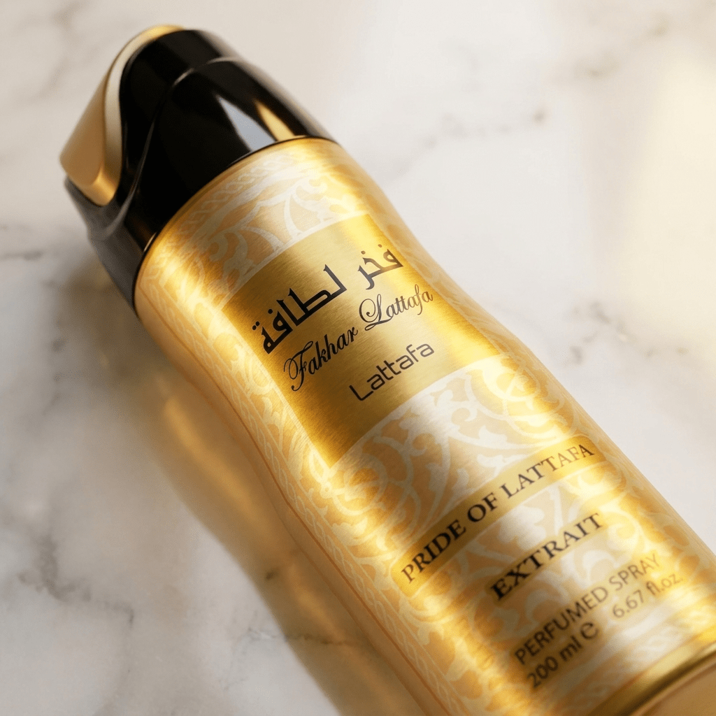 Body Spray Fakhar Extrait da Lattafa 200ml, frasco dourado com tampa preta, sobre mármore.