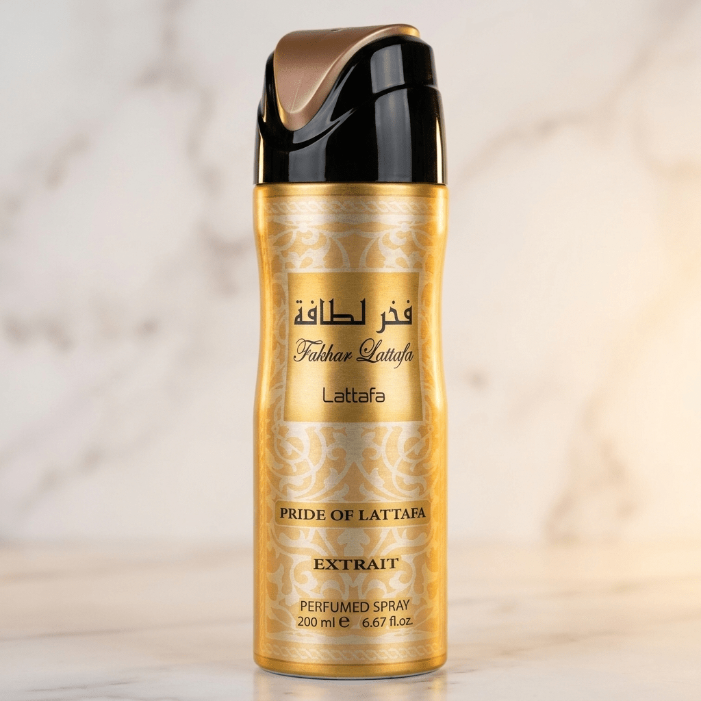 Body Spray Fakhar Extrait da Lattafa 200ml com tampa marrom, sobre fundo de mármore bege.