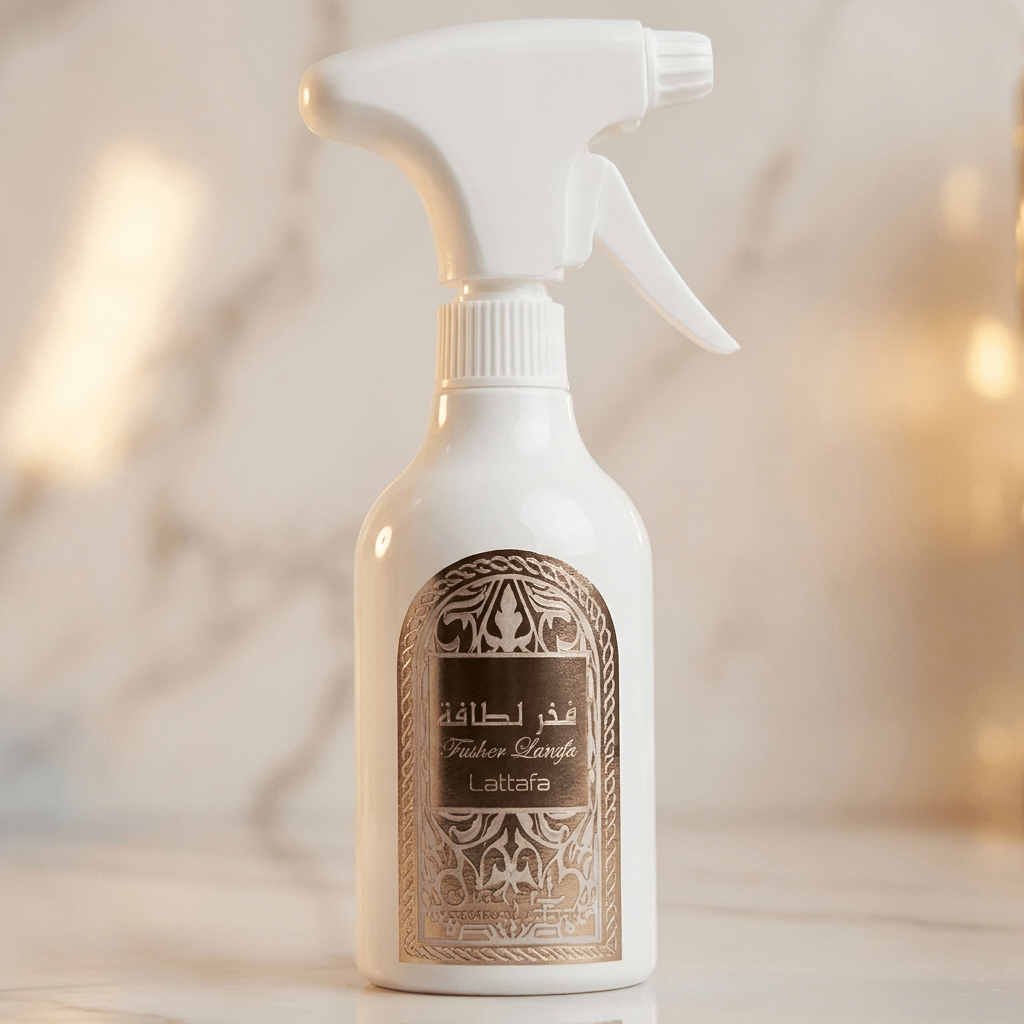Home Spray Fakhar Rose Lattafa 450ml, frasco branco com rótulo ornamentado em bronze.