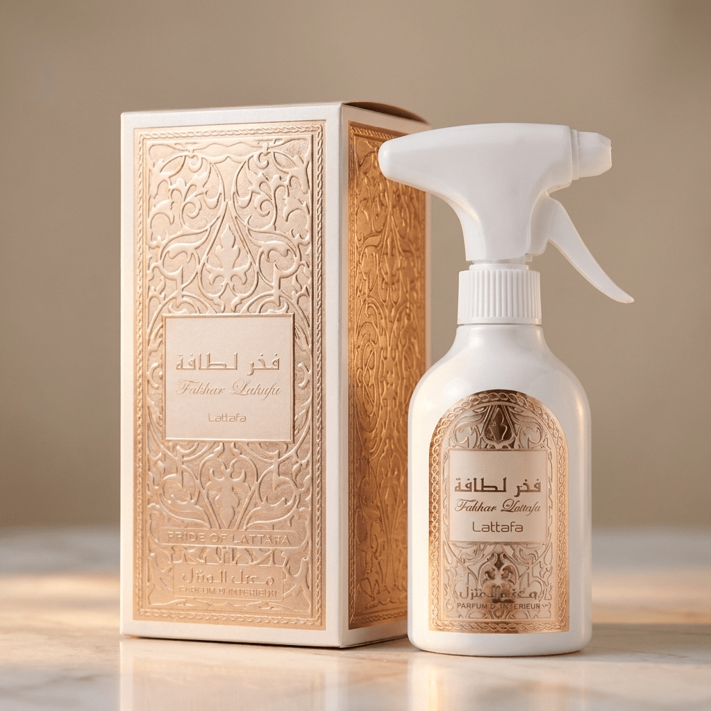 Home Spray Fakhar Rose Lattafa 450ml, frasco ao lado da caixa com padrão árabe em bronze.