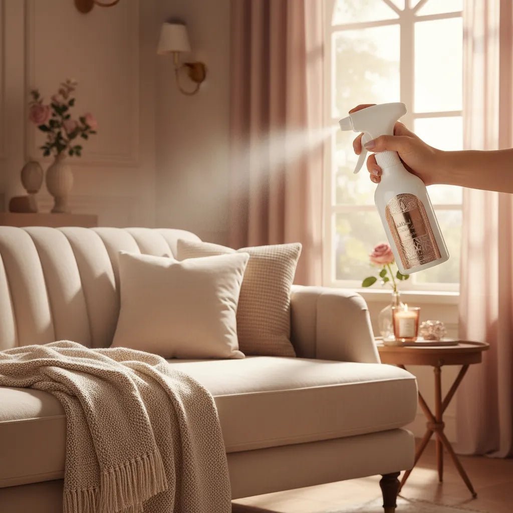 Home Spray Fakhar Rose Lattafa sendo borrifado em ambiente de sala de estar aconchegante.