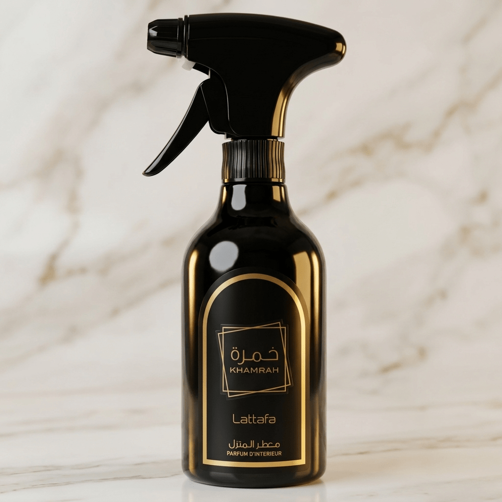 Home Spray Khamrah Lattafa 450ml, frasco preto isolado sobre mármore claro.