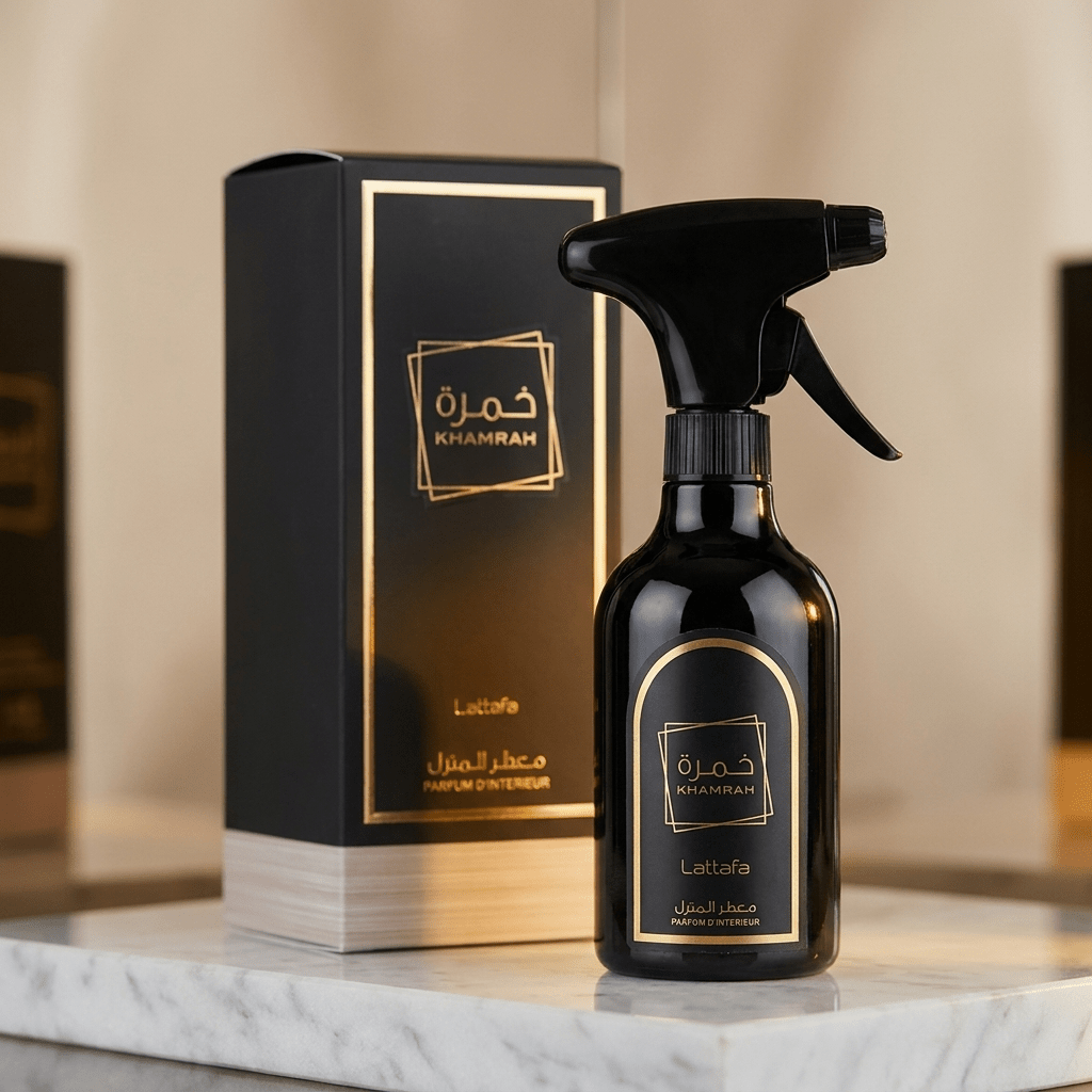 Home Spray Khamrah Lattafa 450ml, frasco preto com detalhes dourados, ao lado da caixa sobre mármore.
