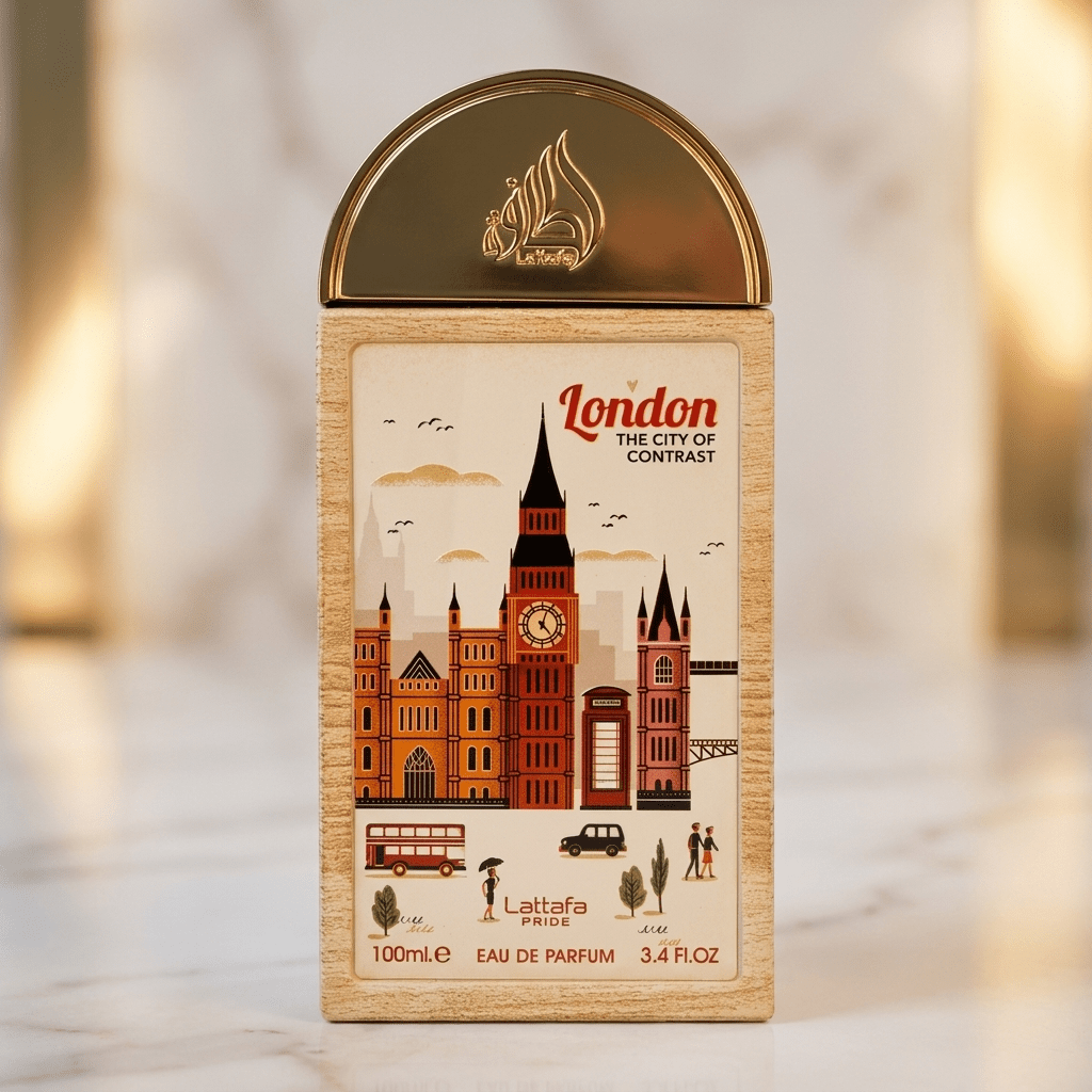 Perfume London the City of Contrast, caixa com moldura de madeira e ilustração do horizonte de Londres, tampa dourada.