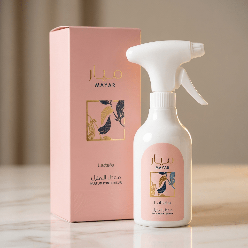 Home Spray Mayar Lattafa 450ml, frasco e caixa sobre mármore com fundo neutro e luz quente.