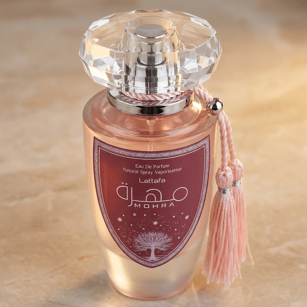 Perfume Mohra Silky Rose da Lattafa, frasco em tom âmbar com laço rosa, sobre fundo bege.