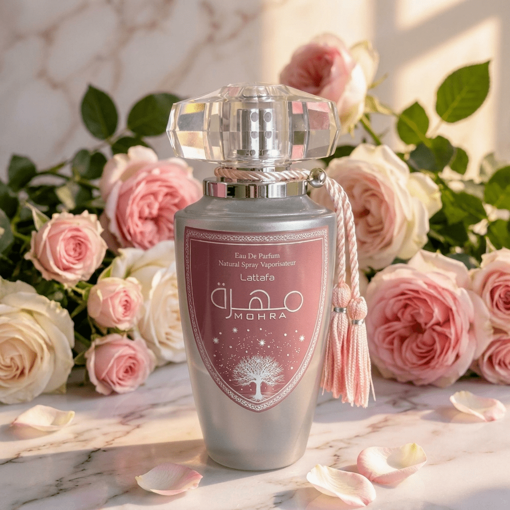 Perfume Mohra Silky Rose da Lattafa, frasco prateado com laço rosa, cercado por rosas.