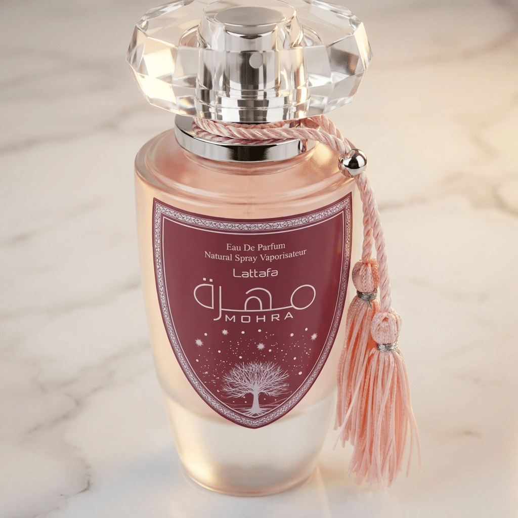 Perfume Mohra Silky Rose da Lattafa, vista completa do frasco sobre mármore branco.