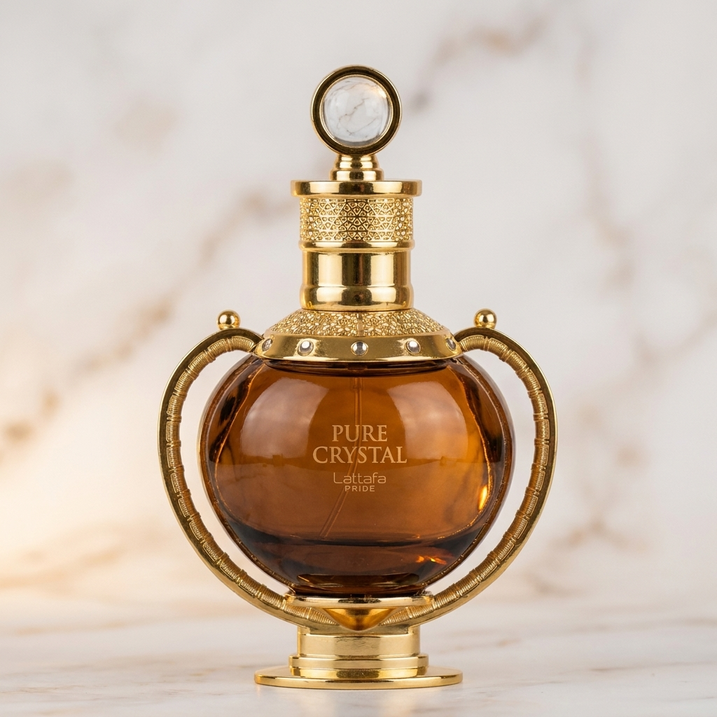 Frasco redondo âmbar do perfume Pure Crystal da Lattafa, com alças douradas, sobre fundo de mármore claro.