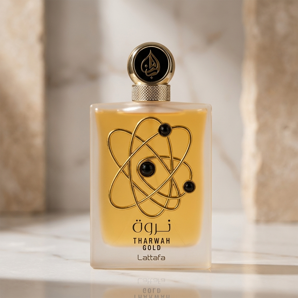 Perfume Tharwah Gold da Lattafa em frasco dourado translúcido com detalhe de esferas, sobre superfície de mármore.