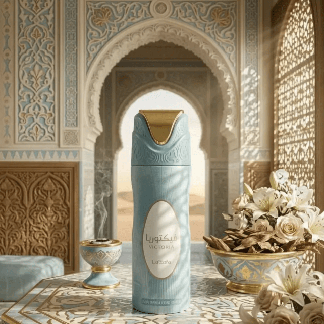 Body Spray Victoria Lattafa em cenário de arquitetura mourisca, com flores e arco ornamentado ao fundo.