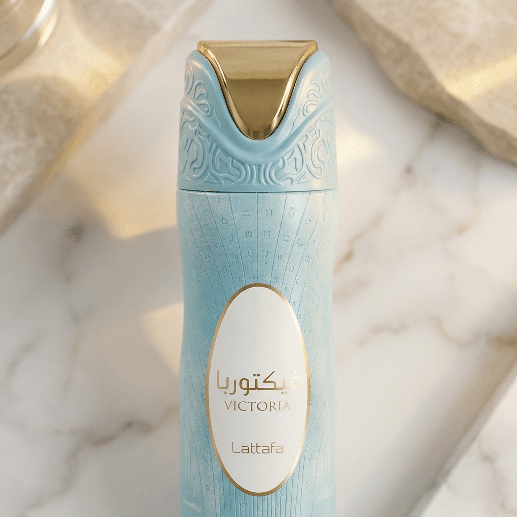 Detalhe do Body Spray Victoria Lattafa, tampa dourada esculpida e rótulo em mármore.