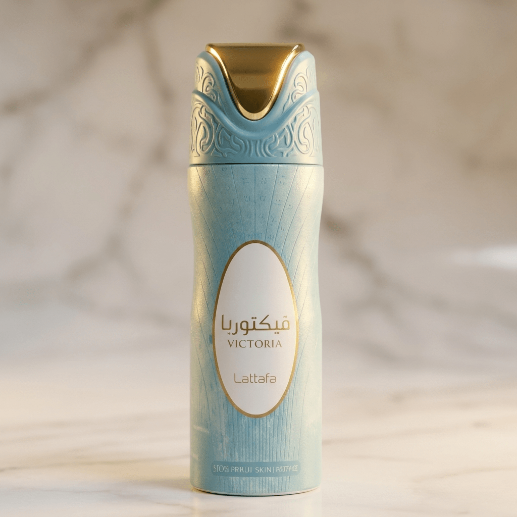 Body Spray Victoria Lattafa, frasco azul turquesa com tampa dourada, sobre mármore claro.