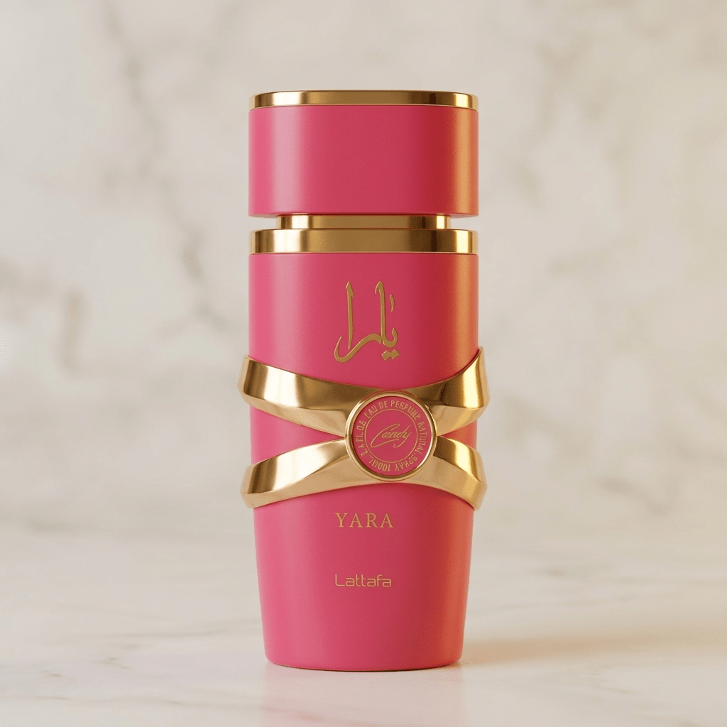 Perfume Yara Candy da Lattafa em frasco rosa cilíndrico com faixas douradas, sobre superfície de mármore.