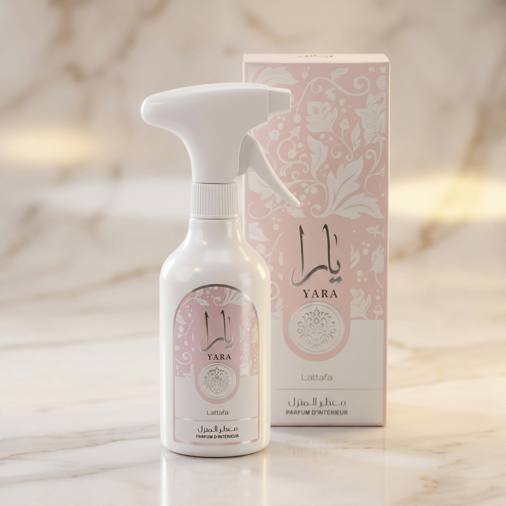 Home Spray Yara Lattafa 450ml, frasco borrifador ao lado da caixa rosa floral, sobre mármore.