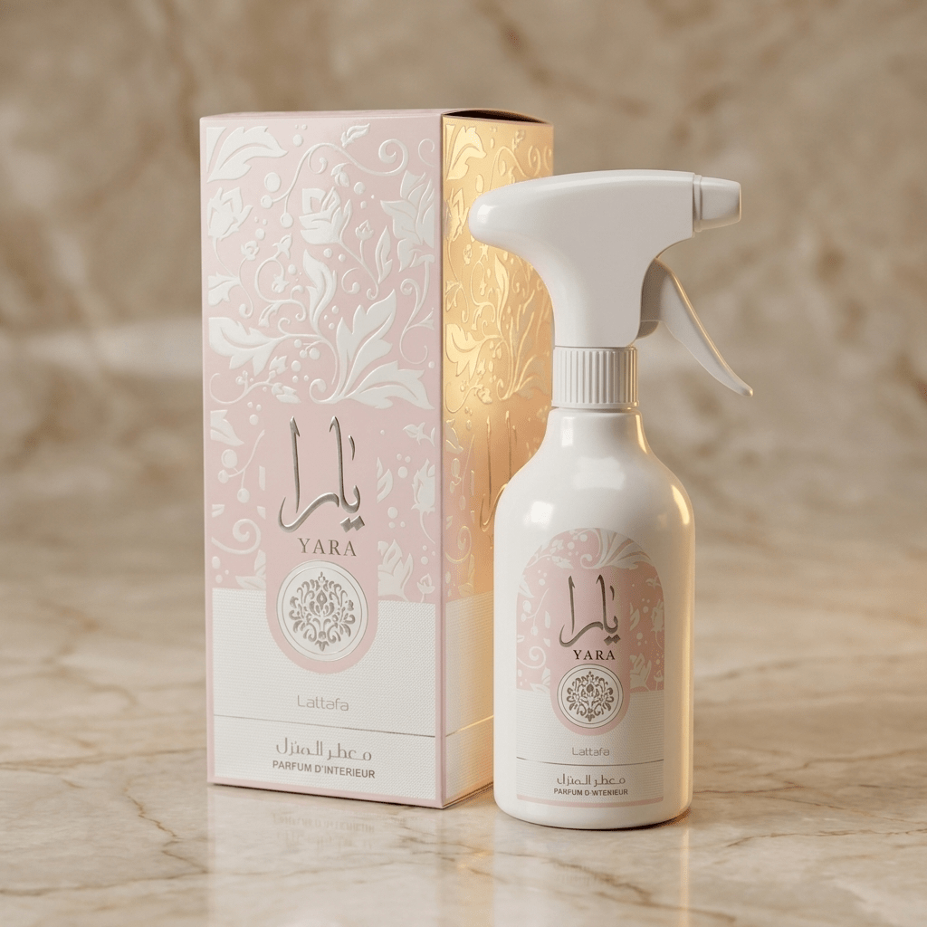 Home Spray Yara Lattafa 450ml, vista angulada com caixa ao fundo e luz quente sobre mármore.