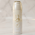 Body Spray Yara Moi da Lattafa 200ml, frasco branco perolado com detalhes dourados.