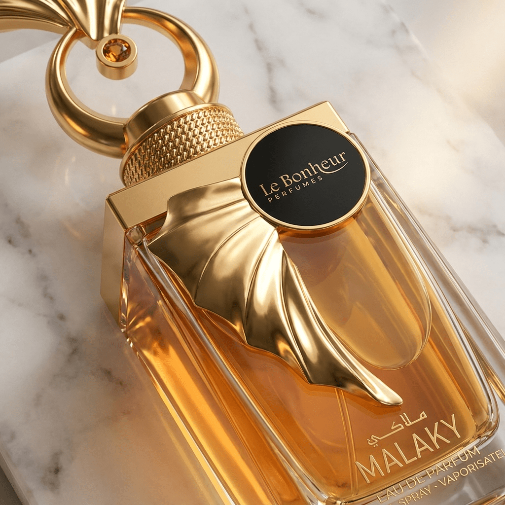 Detalhe da tampa dourada em formato de leque do perfume Malaky da Le Bonheur, sobre mármore.