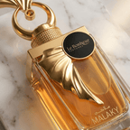 Detalhe da tampa dourada em formato de leque do perfume Malaky da Le Bonheur, sobre mármore.
