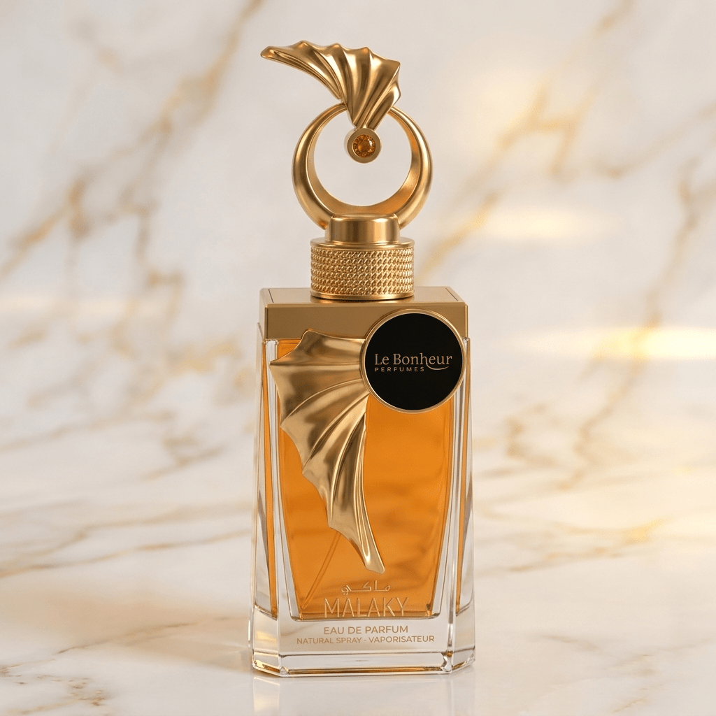 Perfume Malaky da Le Bonheur em frasco de vidro âmbar com tampa dourada em formato de leque, sobre mármore.