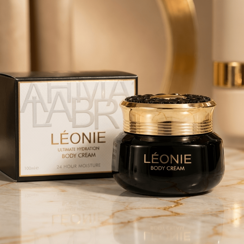 Creme corporal Léonie Ultimate Hydration, pote preto com tampa dourada ao lado da caixa, 100ml.
