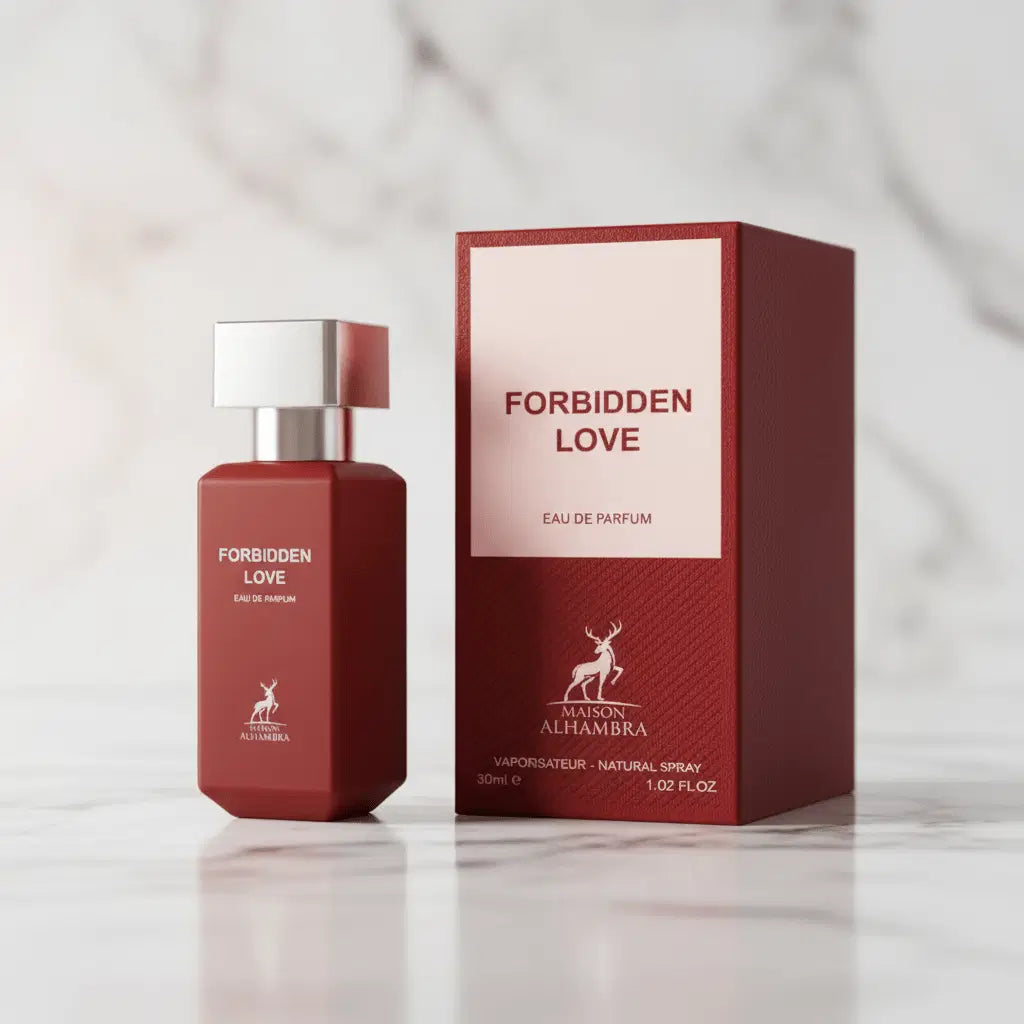 Perfume Forbidden Love da Maison Alhambra em frasco vermelho ao lado da caixa vermelha, sobre mármore