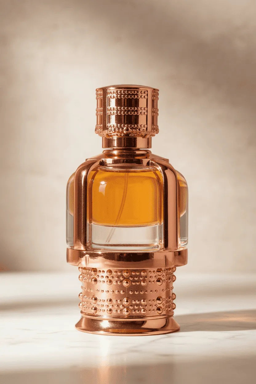 Perfume Al Hambra No.7 da Maison Alhambra em frasco rosé dourado ornamentado, close-up isolado com líquido âmbar