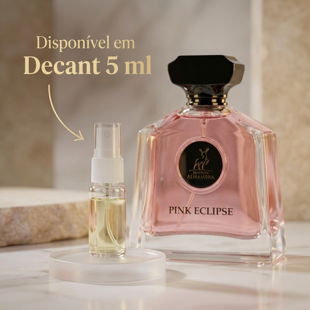 Decante de 5ml do perfume Pink Eclipse da Maison Alhambra ao lado do frasco original rosa translúcido, com selo "Disponível em Decant 5ml".