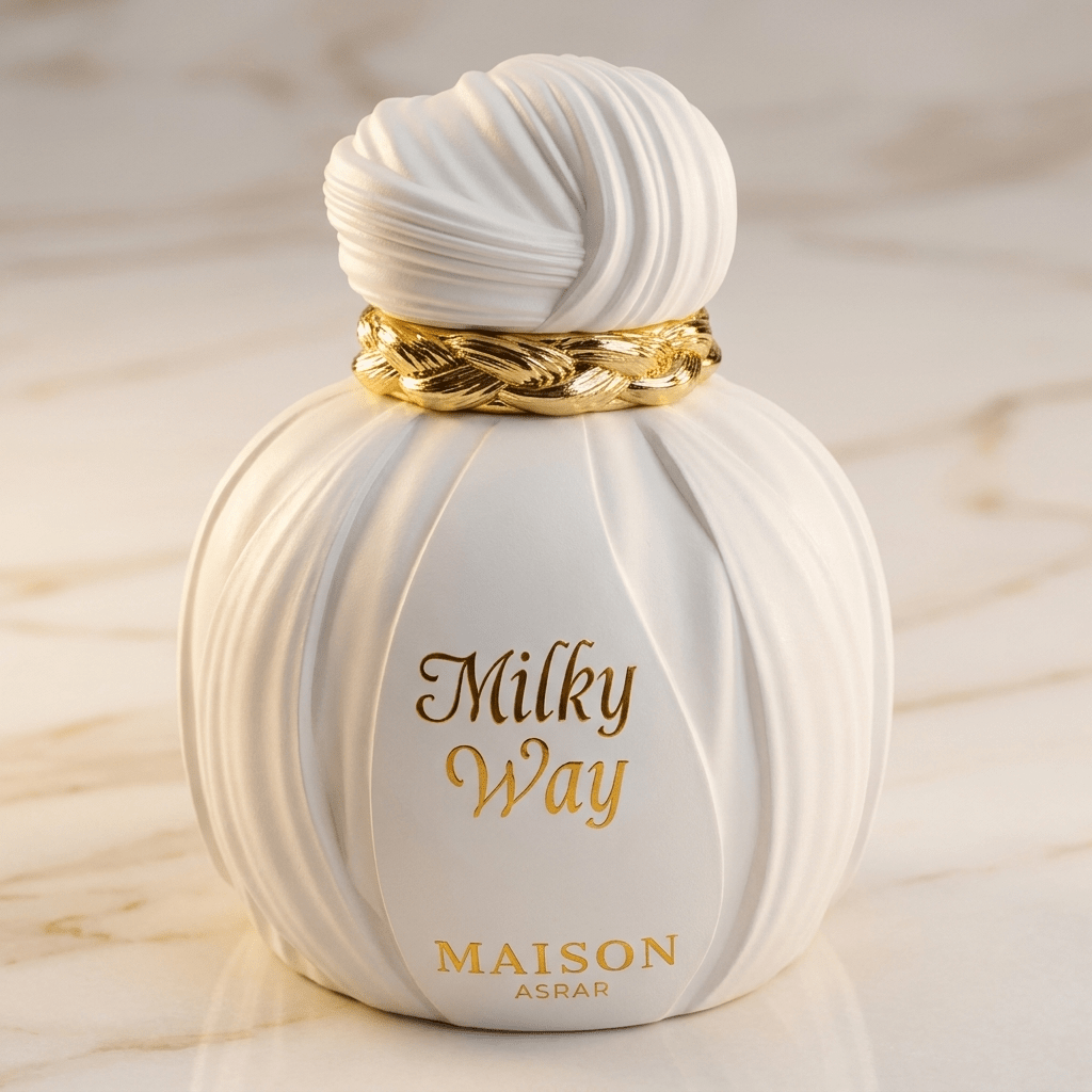 Frasco completo do perfume Milky Way da Maison Asrar, em formato canelado branco com tampa dourada trançada, sobre superfície de mármore.