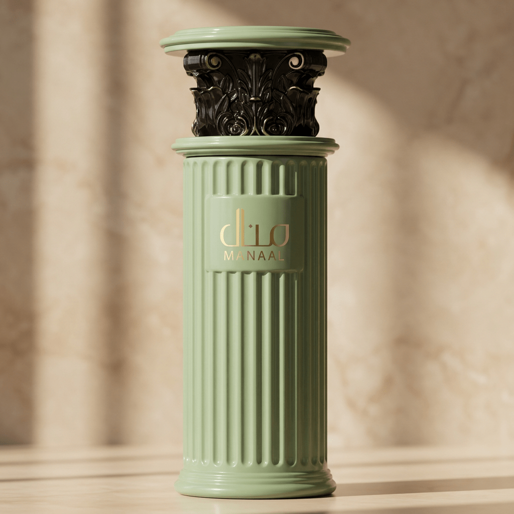 Perfume Manaal em frasco verde formato de coluna com detalhe dourado, sobre fundo de colunas de mármore.